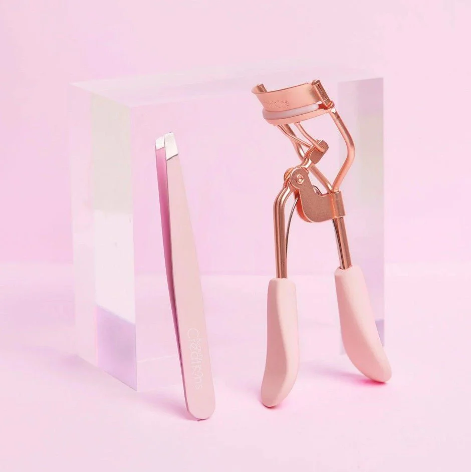 Light Pink Rose Gold Eyelash Curler and Tweezer Set